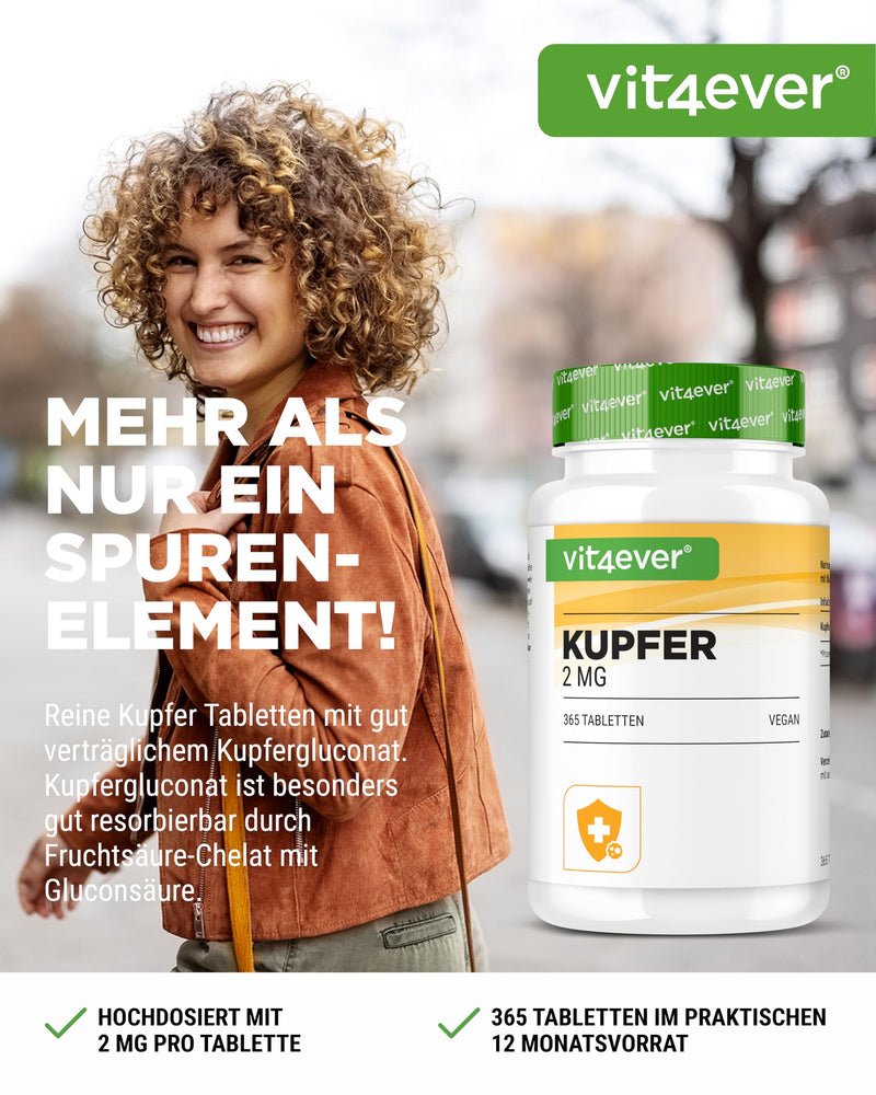 [Australia] - Copper - 365 tablets with 2 mg each - 1 year supply - High bioavailability - Copper gluconate - High dosage - Vegan - Without unwanted additives 