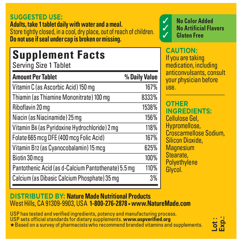 Nature Made Super B Complex with Vitamin C and Folic Acid, Dietary Supplement for Cellular Energy Support, 60 Tablets, 60 Day Supply 60 Count (Pack of 1)
