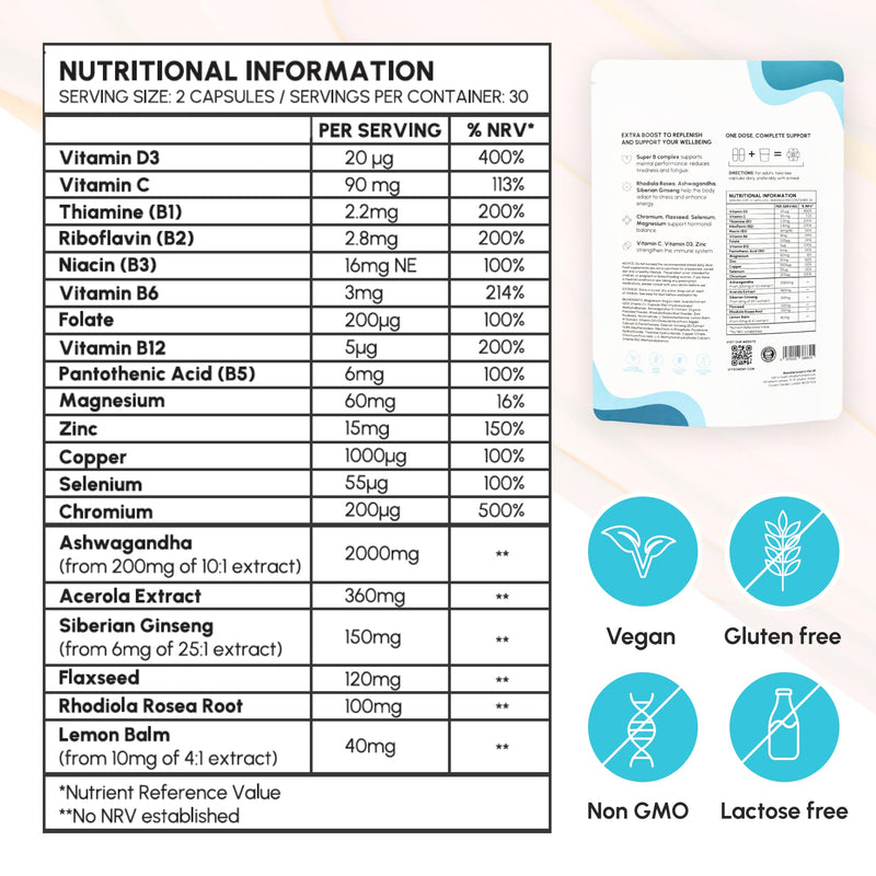 Multivitamin Tablets For Men and Woman Who Feels Burnt Out, Ashwagandha Enhanced with Amino Acids, Concentrated 30-Days Course (60 Tablets)