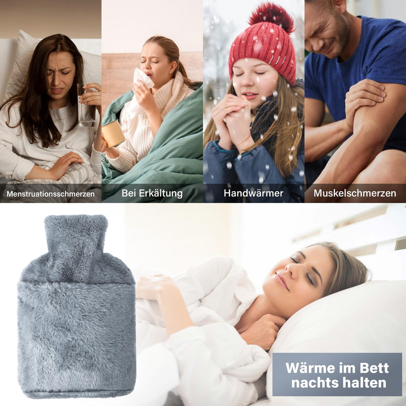 [Australia] - Hot Water Bottle, 2L Hot Water Bottle with Cover Large Fluffy Kangaroo, Thermophore with Leak-Proof Rubber, Hand Warmer for Children and Adults Hot Water Bottles for Back, Stomach Periods Pain Relief 2L Gray 