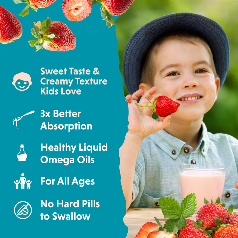 [Australia] - Barlean's Omega Pals Omega 3 for Kids, Yummy Straw-Nana Flavored Children's Liquid Flax Seed Oil Supplement with 1,483 mg ALA, Non-GMO, Vegan Brain and Eye Health, 8 oz Sensational Straw-Nana 8 Ounce (Pack of 1) 