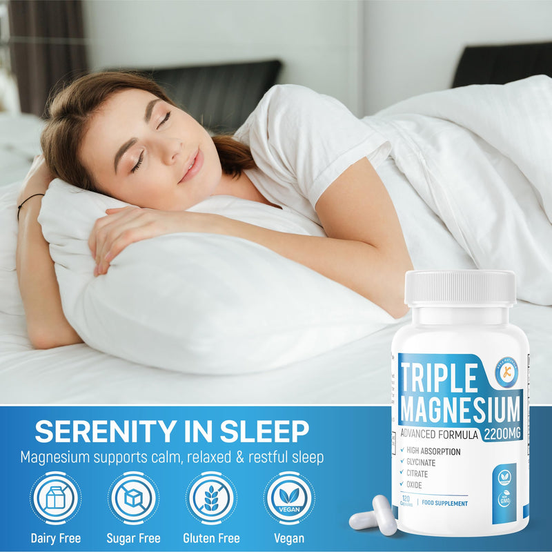 Triple Magnesium Complex 2200mg - Glycinate Citrate Oxide - 3 in 1 Powerful Supplement - 120 Capsules - Vegan