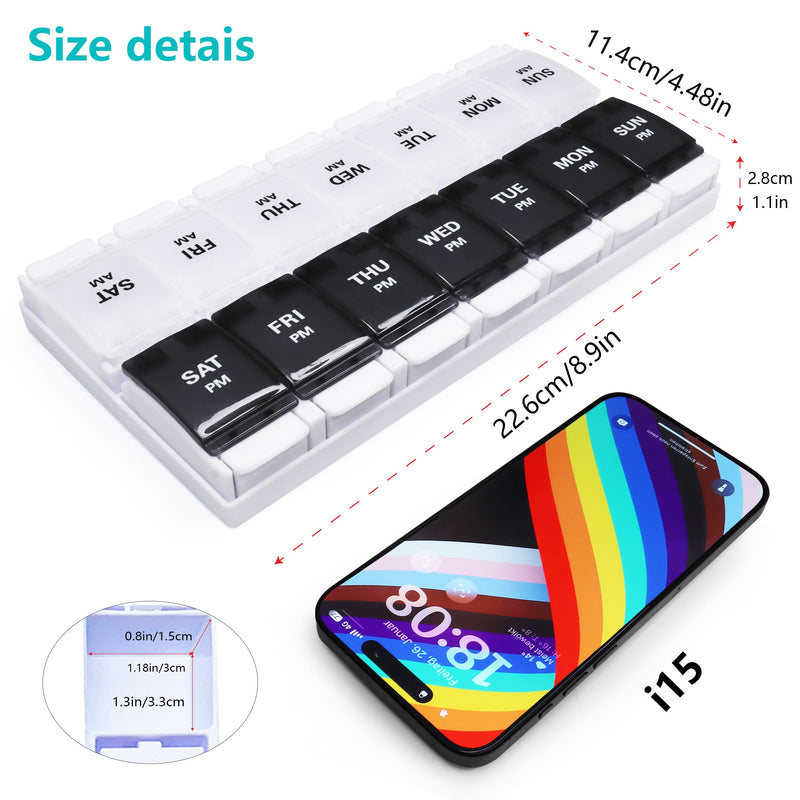 Large Pill Boxes and Organizer 2 Times a Day, MOLN HYMY 7 Day AM PM Pill Case, 14 Compartments Pill Dispenser to Hold Big Vitamin Supplements Fish Oil (Black+White) White & Black