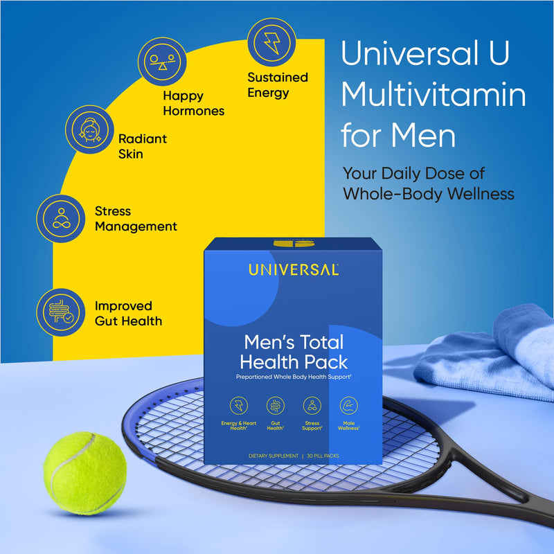 Universal U Men's Total Health Vitamin Packs — 22+ Vitamins, Minerals & Omega-3 Krill Oil with Ashwagandha, Mushroom Blend, AstraGin | Energy, Focus, Heart, Prostate & Gut | 30 Daily Packs