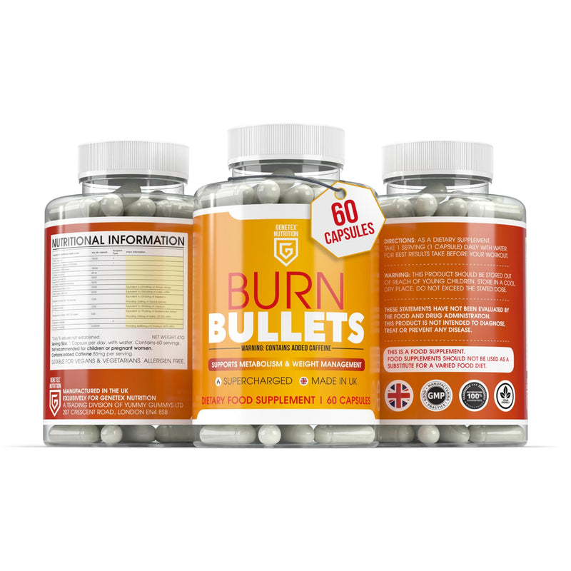 Burn Bullets Capsules for Metabolism & Weight Management Support | 60 Vegan Capsules | Supercharged Energy Boost, Natural Extreme Fat Burner, Caffeine Powered | UK Made | Plant-Based Supplement