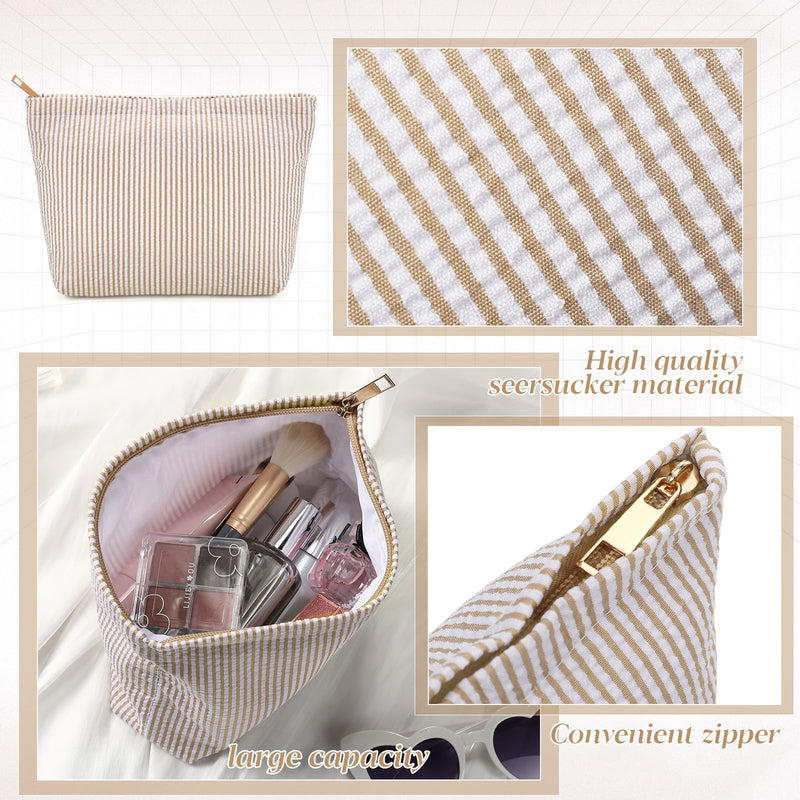 Sanwuta 12 Pcs Seersucker Makeup Bag for Women Stripe Cosmetic Bag Bulk Travel Toiletry Organizer Preppy Storage Pouch Zipper Purse Gifts for Wedding Bridesmaid Mom (Khaki) Khaki