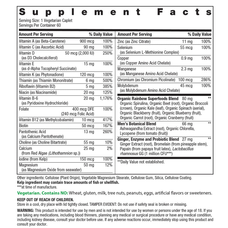 Rainbow Light Mens Multivitamin One + | 60 Caplets | Supports Cellular Energy & Antioxidant Health | with Real Food Nutrients, Digestive Enzymes & Probiotics Men's One 60 Count (Pack of 1)