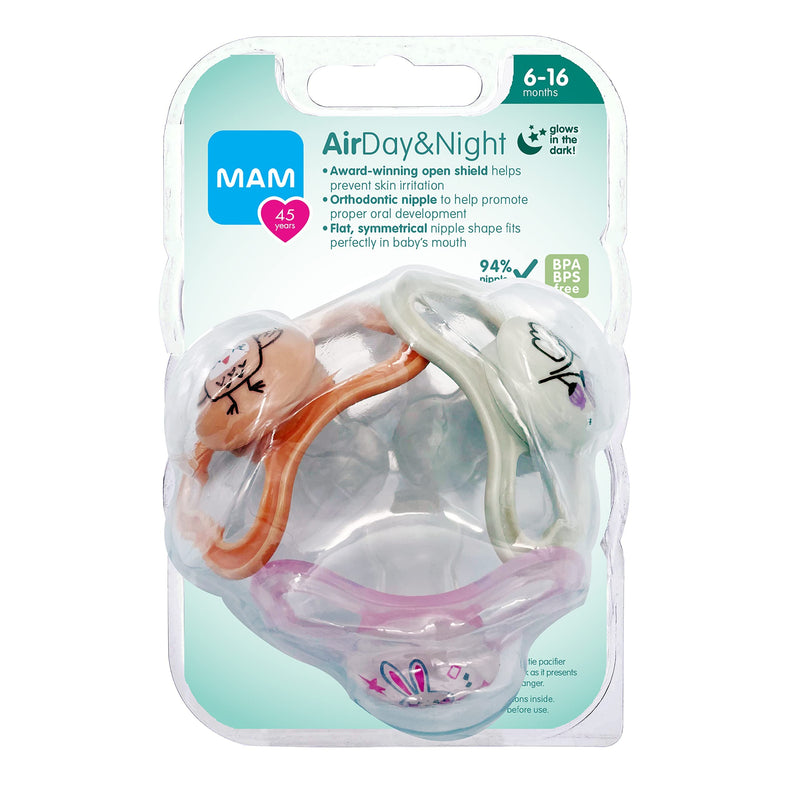 MAM Air Night & Day Baby Pacifier, for Sensitive Skin, Glows in The Dark, 6-16 Months, Girl, 3 Count (Pack of 1) Fairy Dust / Shell / Cotton 3 Count (Pack of 1)