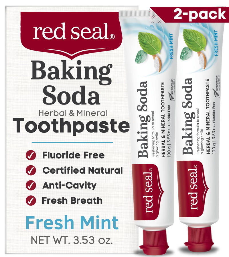 Red Seal Baking Soda Toothpaste - Fluoride-Free Herbal & Mineral Formula, Vegan-Friendly, Cruelty-Free, SLS and Paraben-Free, No Artificial Flavors, NATRUE Certified Natural, Dry Mouth Relief (2 Pack) 3.5 Ounce (Pack of 2) Natural Baking Soda