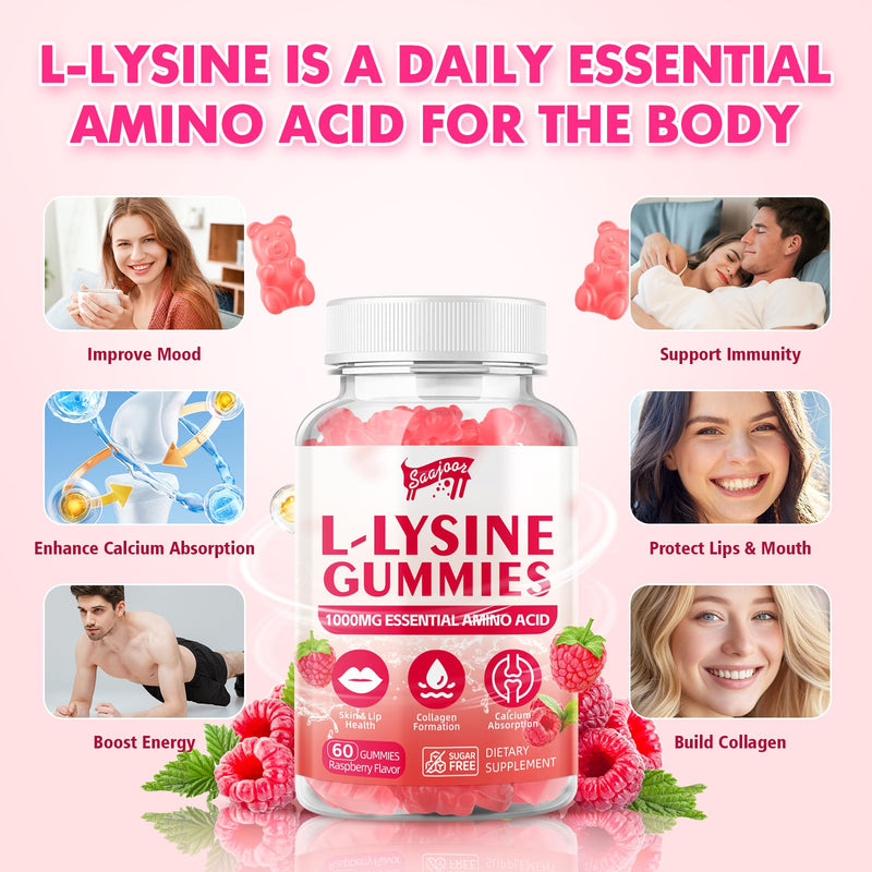 [Australia] - L-Lysine 1000mg Gummies for Immune Support & Skin Health - Vegan, Gluten Free Amino Acid Supplement for Adults, Raspberry Flavor, 60 Gummies 1pack 