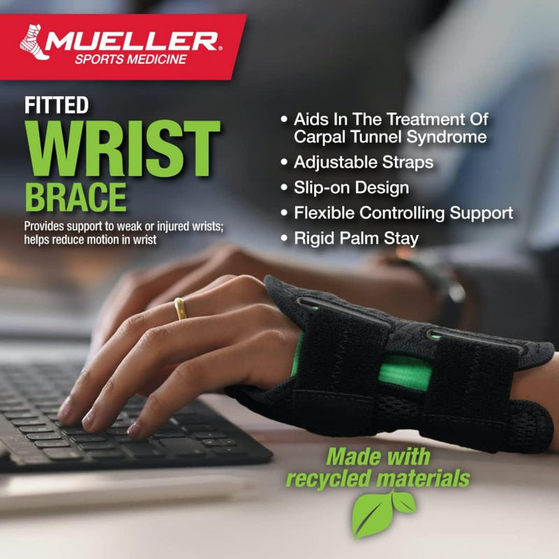 MUELLER Sports Medicine Green Fitted Wrist Braces, 2 Pack, Wrist Pain Relief Support for Men and Women, Ideal for Carpal Tunnel, Tendinitis, Arthritis, Black, Right and Left, Small/Medium