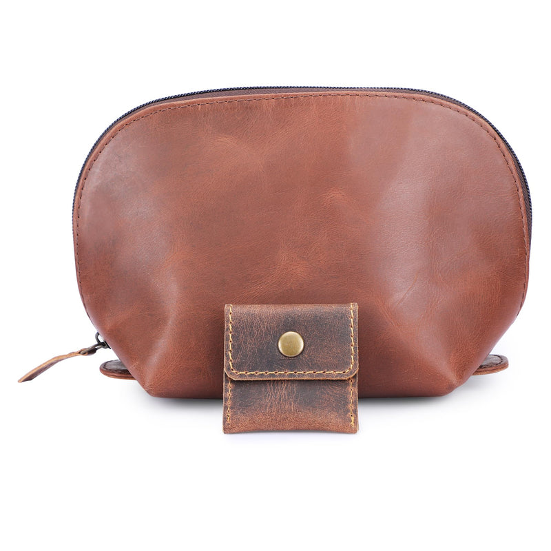 Leather cosmetics bag, Ring Pouch with soft leather inside, Dopp kit, Toiletry bag for men and women