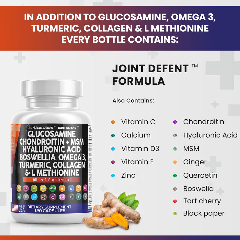 [Australia] - Clean Nutraceuticals Glucosamine Chondroitin MSM Turmeric Hyaluronic Acid Boswellia Collagen Tart Cherry - Joint Support Supplement Omega 3 Pills Ginger Quercetin Capsules - 120 Count USA 