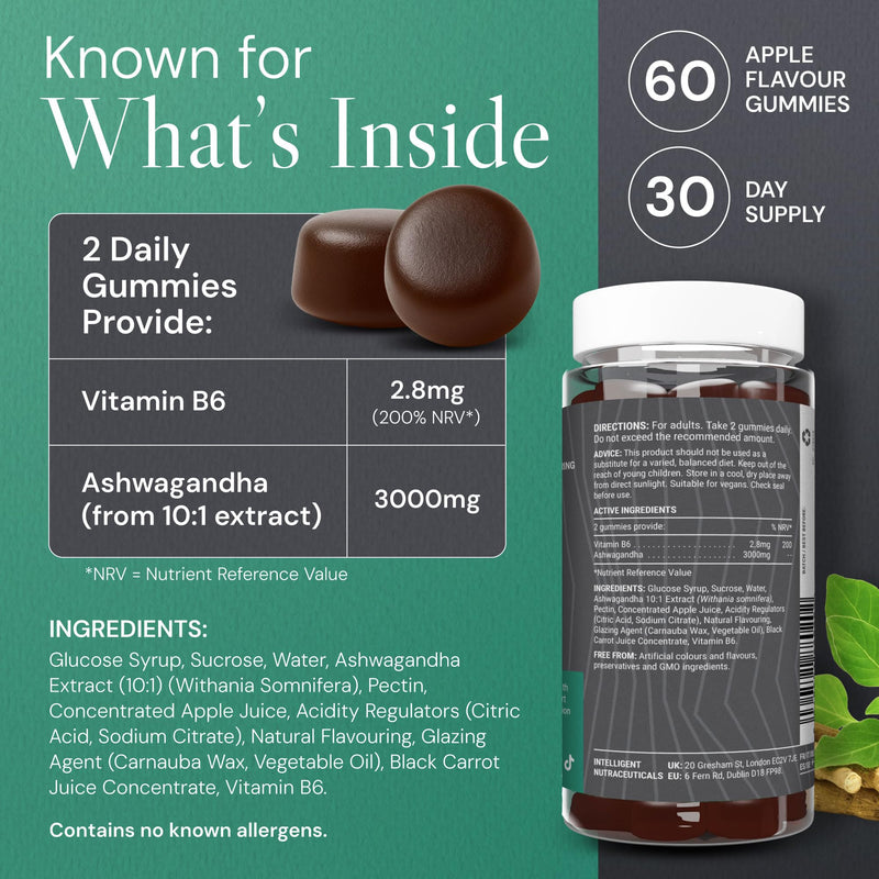 Known 3000mg High Strength Ashwagandha Gummies – Apple Flavour – Chewable Vegan Gummy Supplement – Energy, Mood & Wellbeing Support – 1 Month Supply – Root Extract with Vitamin B6 – for Men & Women 60 Count (30 Day Supply) Bottle