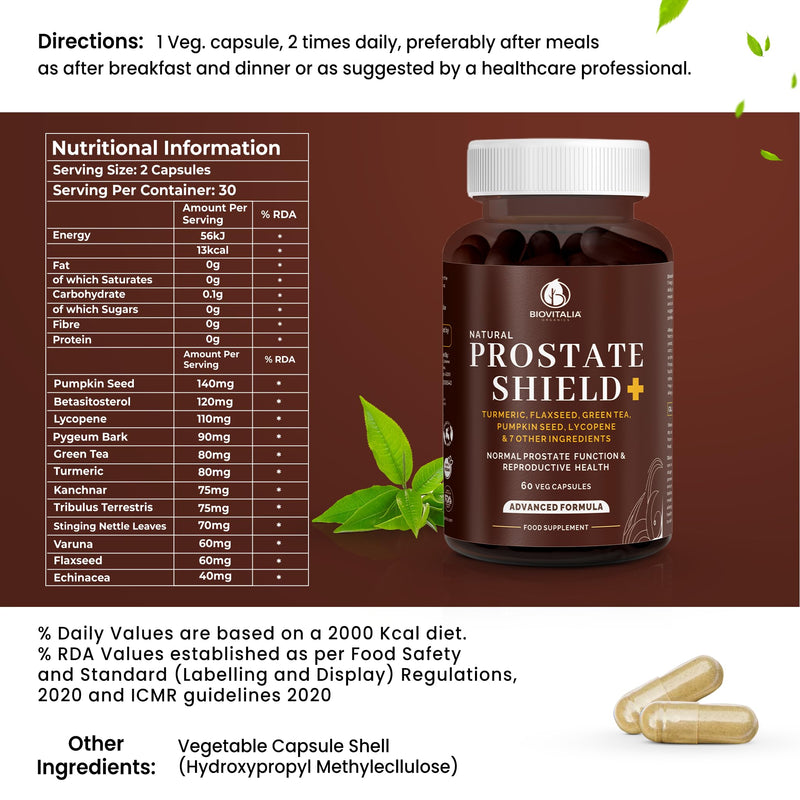 [Australia] - BioVitalia prostate protection capsules - high dosage with turmeric, linseed, green tea, lycopene, pumpkin seeds, pygeum bark, betasitosterol, nettle leaf | Prostate Health – Vegan – 60 Capsules 