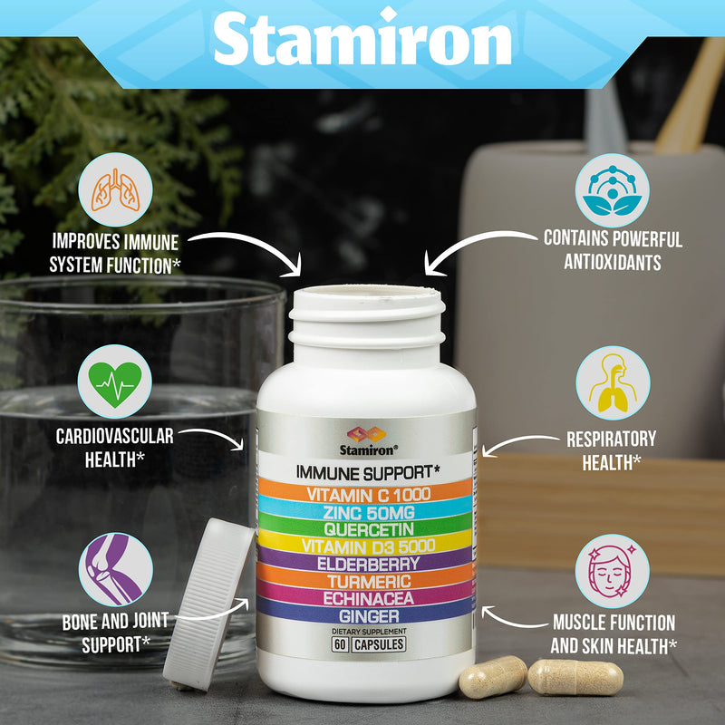 [Australia] - 8 in 1 Immune Support with Quercetin Zinc 50mg Vitamin C 1000mg Vitamin D3 5000 IU and Elderberry Echinacea Ginger for Adults Kids - Vit D Immunity Defense Booster Supplement Veg Capsules Made in USA 