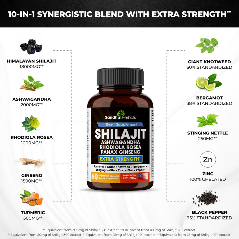[Australia] - Sandhu Herbals Shilajit Pure Himalayan 18000mg, 60 capsules with Ashwagandha 2000mg, Rhodiola Rosea 1000mg, Panax Ginseng 1500mg, Stinging Nettle 100mg supplement for men | Made in USA 60 Count (Pack of 1) 
