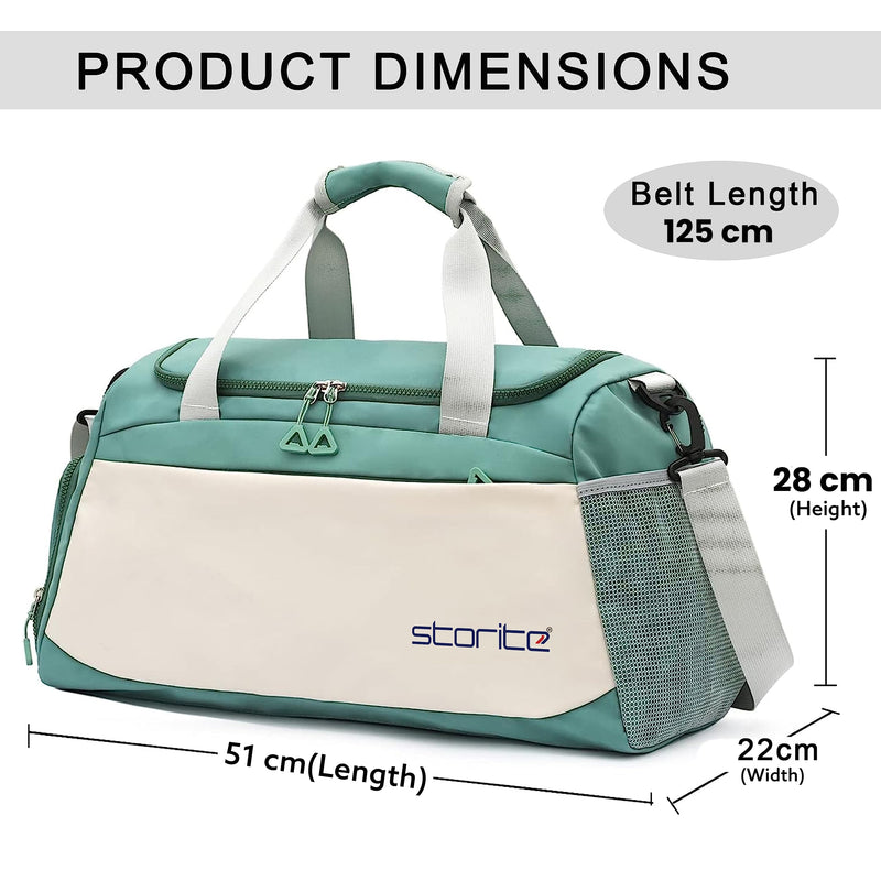 Storite Travel Duffle Bag with Shoe Compartment, Green/White, 51x22x28 cm | Water Resistant Nylon, Lightweight, Multi-Pocket, Wet Pocket, Adjustable Shoulder Strap, Travel, Gym, Weekend Trips