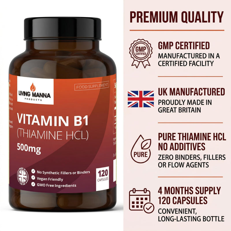 Vitamin B1 Thiamine 500mg High Strength | 120 Vegan Capsules | Energy, Nerve & Brain Support | Pure Thiamine HCl | No Fillers | Made in the UK – Living Manna
