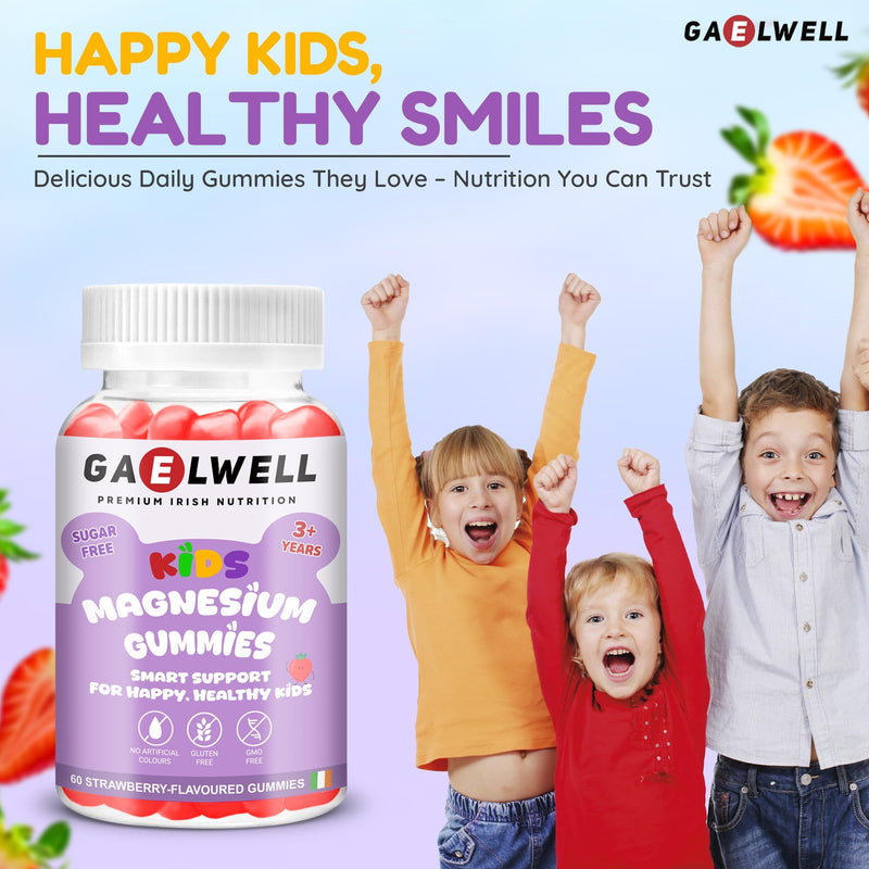 Kids Magnesium Gummies for Calm & Sleep – 2MONTHS–Supply – Sugar-Free Strawberry – Vegan, Gluten-Free, Magnesium Citrate – 60 Gummies –No Melatonin – Irish-Owned, HACCP & GMP Certified– Gaelwell®