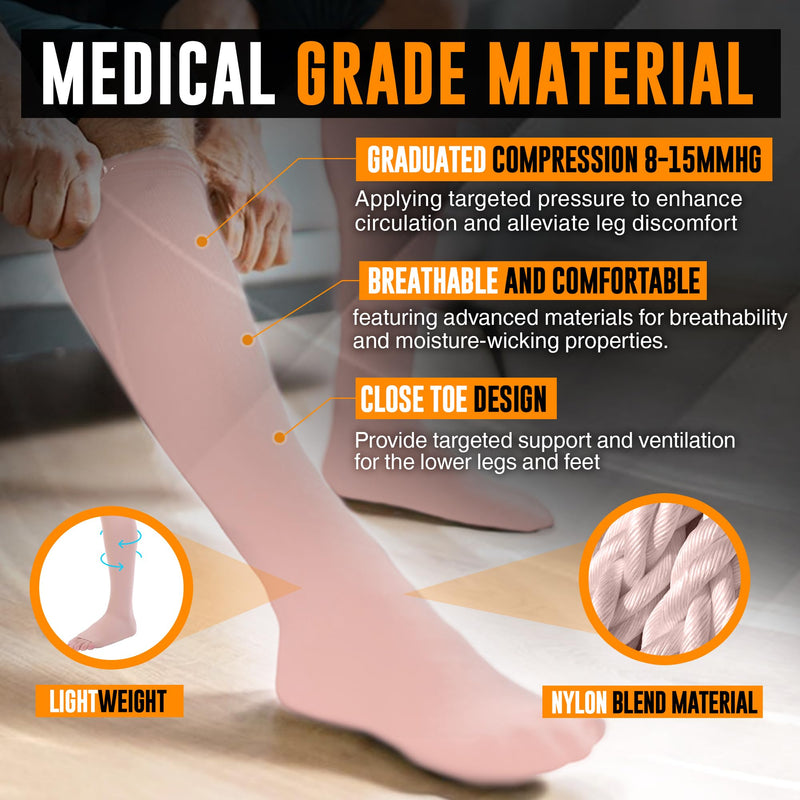 Doc Miller - Compression Socks for Women & Men - 8-15 mmHg Knee High, Medical Grade Support - Sports, Travel, Nurse, 1 Pair XX-Large Beige