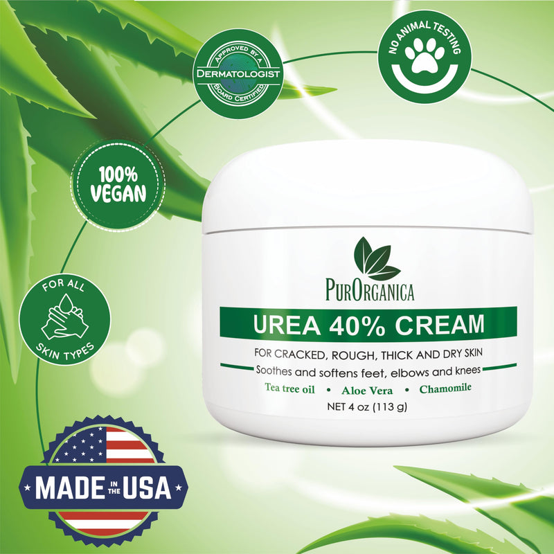 PurOrganica Urea Cream 40% – Made in USA, Maximum Strength Foot Cream for Dry, Cracked Heels, Corns, Calluses & Rough Feet, Exfoliating Moisturizer 4 Ounce (Pack of 1)