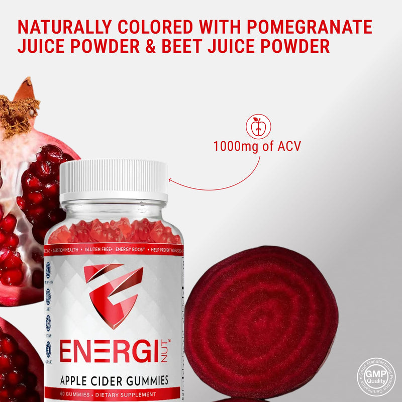 Energi ACV Gummies, 1000mg Apple Cider Vinegar, Immune Support, 60 Gummies | With Folic Acid, Vitamin B12, Pomegranate & Beet Juice, Supports Digestion & Metabolism, Keto-Friendly, Low Sugar