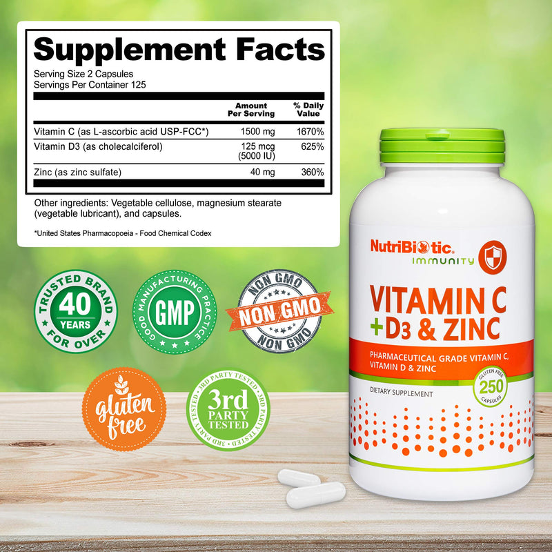 NutriBiotic – Vitamin C + Vitamin D3 & Zinc, 250 Capsules | Potent, Comprehensive Immune Support | Essential & Antioxidant Daily Supplement | Gluten & GMO Free 250 Count (Pack of 1)