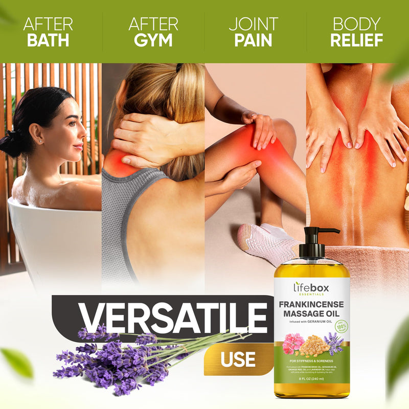 [Australia] - Frankincense Massage Oil – 100% Pure & Natural - Massage Therapy Oil for Soreness & Stiffness – Stretch Marks and Scars Body Oil Infused with Frankincense Essential Oil and Geranium Oil – 8 FL OZ 8 Fl Oz (Pack of 1) Frankincense - 8 Fl Oz (Pack of 1) 