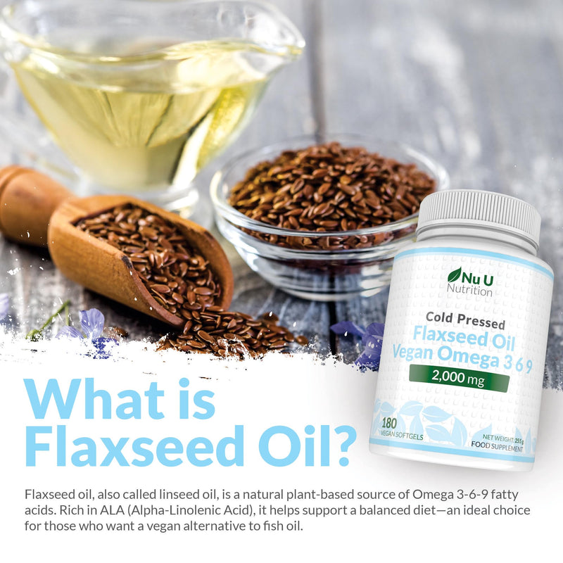 Nu U Nutrition - Flaxseed Oil Capsules 2000mg - 180 Vegan Softgels - Rich Source of Vegan Omega 3 6 9 - Cold Pressed - 3 Month Supply - Made in the UK