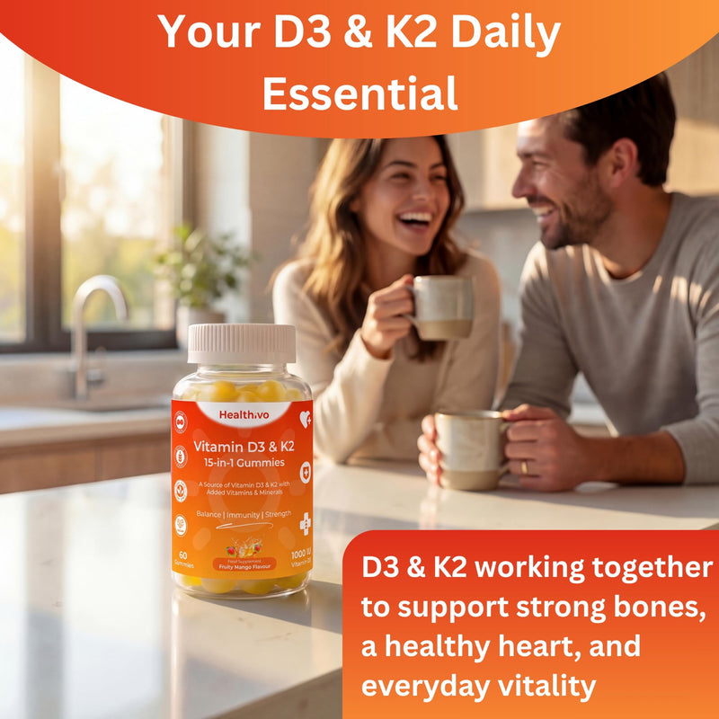 Vitamin D3 K2 Gummies 1000IU, 60 Vegan Gummies, Sugar Free | Vitamin D Gummies Adults, High Strength Vitamin D and K2, Mango Flavour, 13 Added Vitamins and Minerals, 1 Month Supply