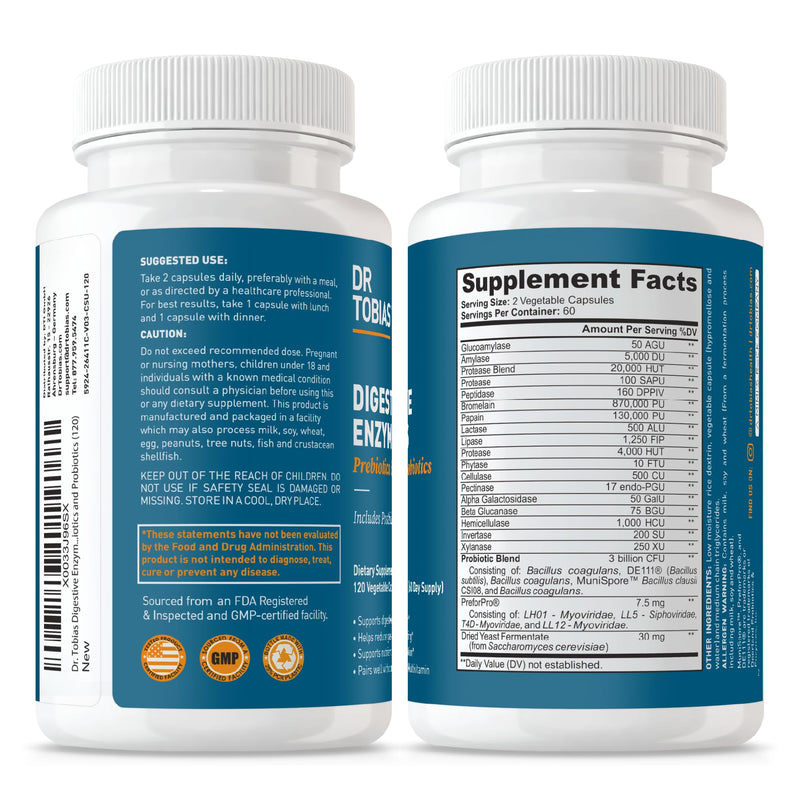 Dr. Tobias Digestive Enzymes + Prebiotics & Probiotics 120 Capsules | Digestion & Gut Support | Enzymes + Prebiotics + Probiotics + Postbiotics | Bromelain, Amylase & Lipase | 60 Servings