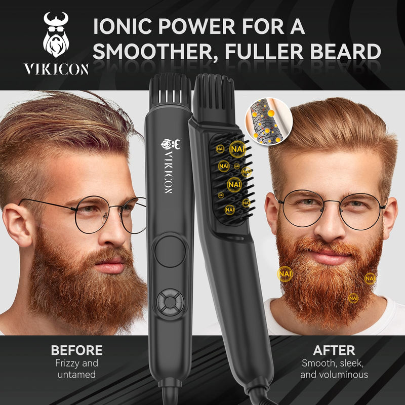 [Australia] - VIKICON 3 in 1 beard straightener brush for men, professional beard comb with volumizer, 4 heat settings (120-220℃) beard straightener, ion beard straightener brush for home/travel, beard and hair styling 