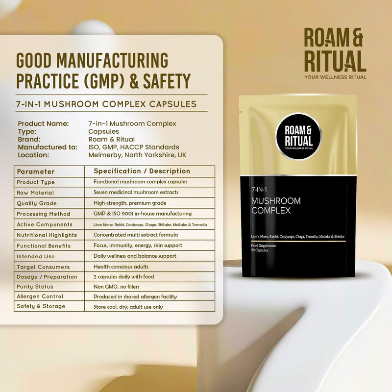 Mushroom Complex Capsules 11,700mg per Serving - Lion’s Mane, Reishi, Cordyceps, Chaga, Shiitake, Maitake & Tremella for Focus, Immunity & Defence | 90 Capsules UK Made by Roam & Ritual™