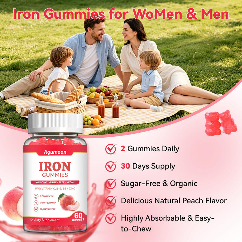 Iron Supplement Gummies for Women & Men - Iron Gummies with Folate Vitamin C B12 B6 Zinc - Health Blood & Energy Support & Immune Support for Adult, Peach Flavor, Vegan 60 Gummies