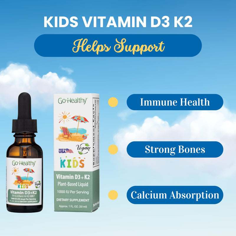 [Australia] - Go Healthy Kids Vitamins D3 K2 (MK-7), Child Vitamin D, Liquid Vegan D3 K2 Drops for Kids, Sugar-Free, Easy-to-Absorb, Children's Growth & Immune Support, Vanilla Flavor - 30 Servings 