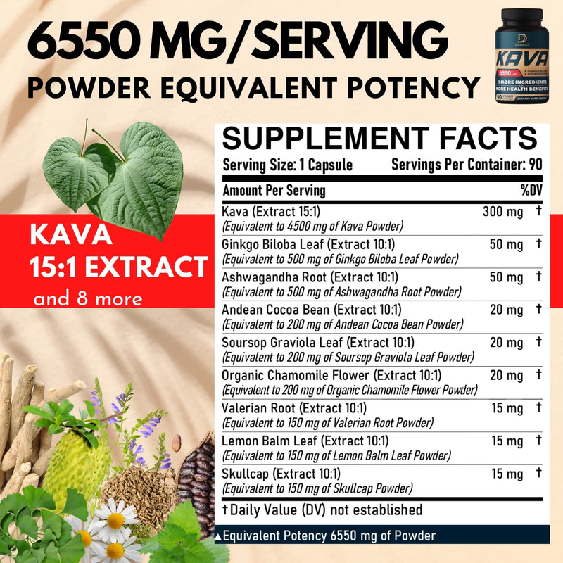 [Australia] - Kava Kava Capsules 6550mg - 3 Month Supply - 9 Herbs with Ginkgo Biloba, Ashwagandha Root, Andean Cocoa, Graviola Leaf, Chamomile, Valerian, Lemon Balm & Skullcap - Support Mood & Immune - 90 Pills 