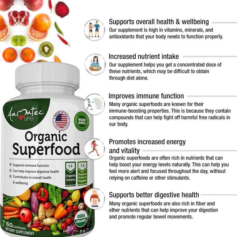 [Australia] - Organic Superfood Greens Fruits and Veggies Complex - Dietary Supplement with 14 Greens and 14 Fruits & Vegetables with Alfalfa Rich in Antioxidant Organic Ingredients Non-GMO 60 Capsules 60 Count (Pack of 1) 