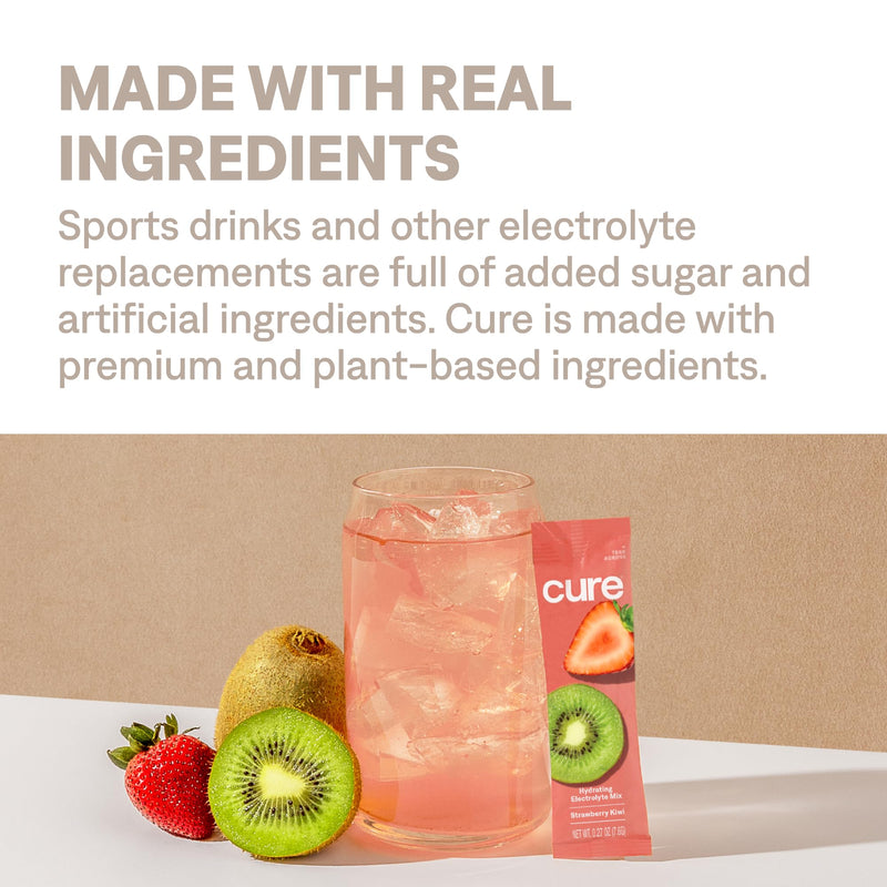 Cure Hydration - Electrolyte Drink Powder Strawberry Kiwi 14 Packets | Plant-Based Dehydration Relief Mix Made with Coconut Water, No Added Sugar, Vegan, Non-GMO, Gluten Free, FSA-HSA Eligible