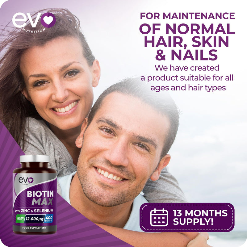 Biotin Max with Zinc & Selenium | High Strength Vitamins & Minerals to Support Hair, Skin & Nail Health | Vegan Food Supplement Complex | 400 Tablets for a 13 Month Supply | UK Made by EVO Nutrition