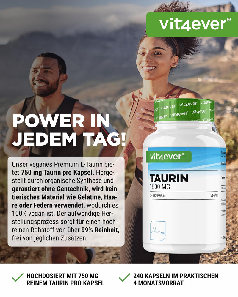 [Australia] - Taurine - 240 capsules - high dose with 1500 mg per daily serving - 99% purity - no additives - vegan 