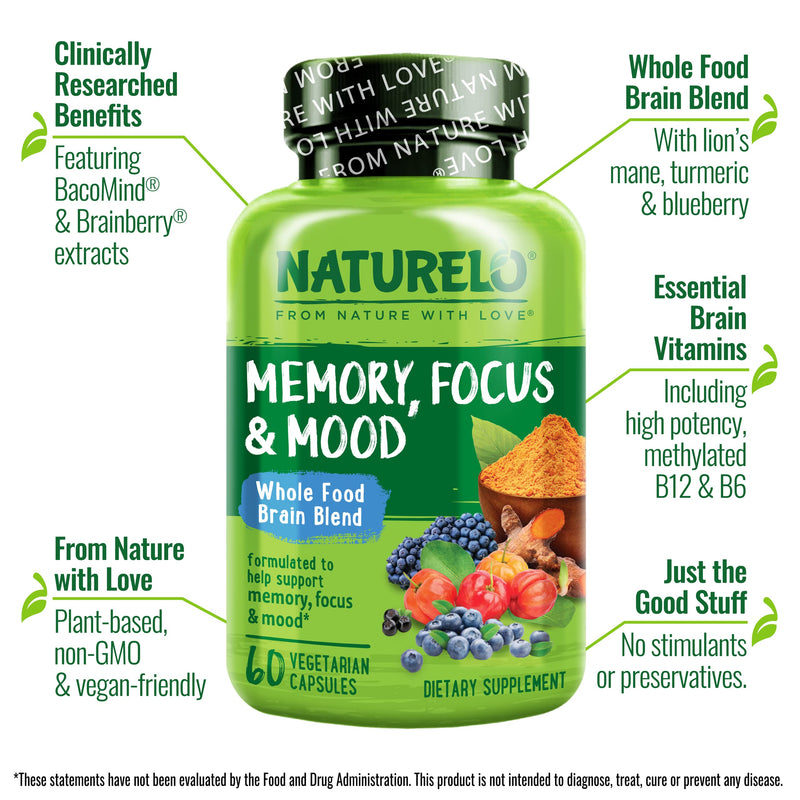 NATURELO Whole Food Brain Supplement for Focus Support, 60 Capsules | Memory and focus supplements, for adults, vegetarian capsules, cognitive health supplement, high potency Aronia berry extract 60 Count (Pack of 1)