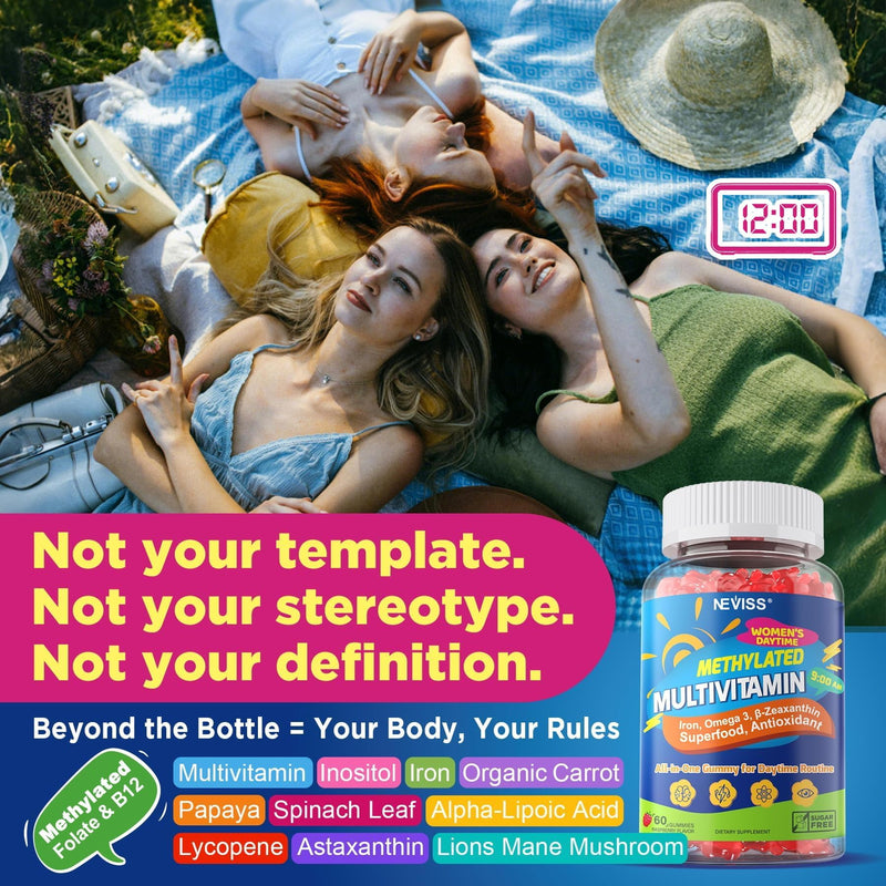 NEVISS Methylated Multivitamin Gummies for Women, Bariatric Multivitamin with Iron, Omega-3, B6, Folate, B12, Inositol, Daily Vitamin Gummy ALA | Beet Root | Astaxanthin, Energy, Brain, Antioxidant