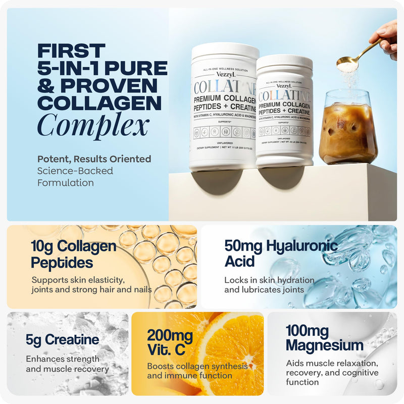 Collatine - Premium Collagen Peptides + Creatine with Vitamin C, Hyaluronic Acid and Magnesium for Skin, Hair, Nails, Bone & Joint, Muscle, Immune and Cognitive Aid (.55 LB (250 G/8.8 OZ) 8.8 Ounce (Pack of 1)
