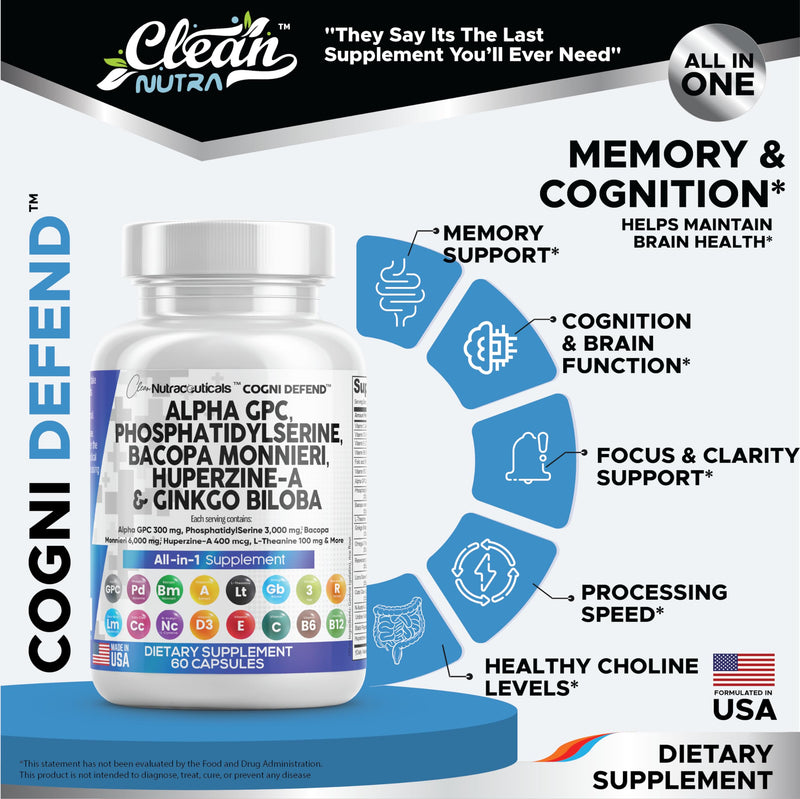 [Australia] - Clean Nutraceuticals Alpha GPC Choline 300mg Phosphatidylserine 3000mg Bacopa Monnieri 6000mg Ginkgo Biloba 2000mg Huperzine A 400mcg Supplement with Urdine Lions Mane Cats Claw NAC Vitamin C B D E 