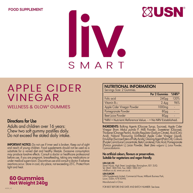 Apple Cider Vinegar Gummies (60 Count) from Liv.Smart By Usn — Vegan Friendly Acv Gummies with ‘The Mother’— Fights Fatigue with Vitamin B12 and Folic Acid Complex