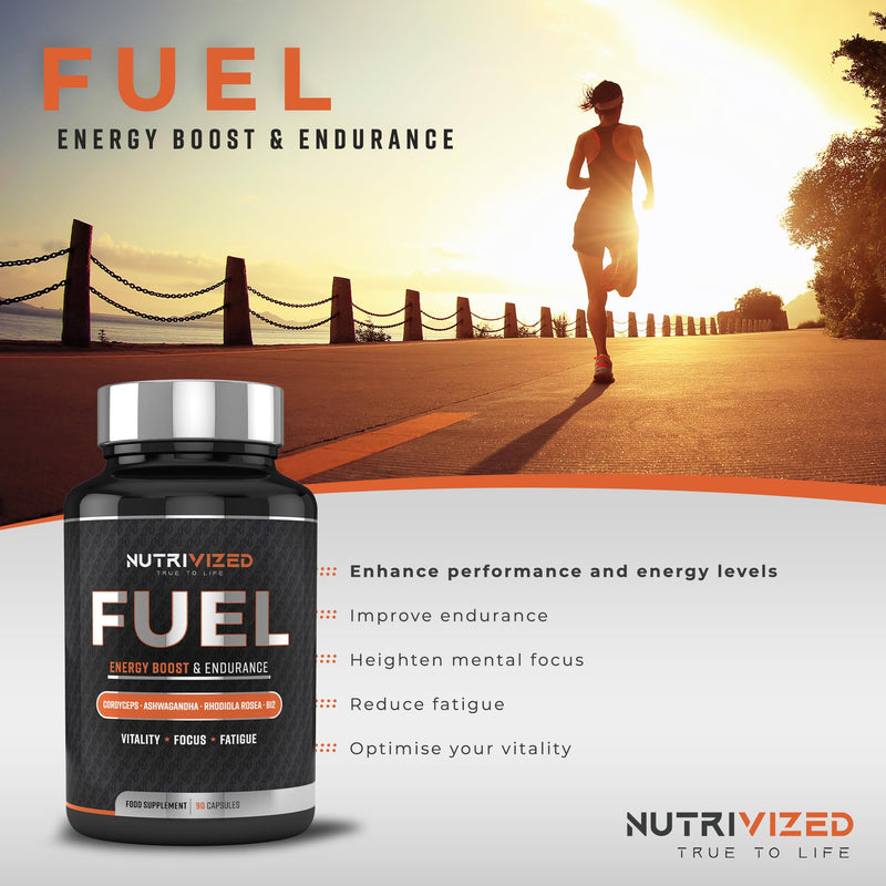 Fuel for Maximum Energy - Ashwagandha & Cordyceps Mushroom, Endurance, Focus and Clarity + Green Tea Extract - Rhodiola Rosea - Vitamin B12 – Vegan 90 Capsules - Made in the UK