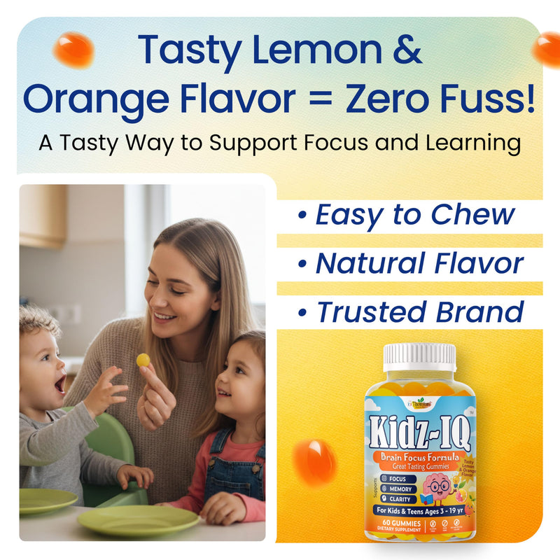Kidz IQ Omega 3 for Kids, Focus Supplement for Kids, DHA Focus Gummies for Teens, Brain Supplements for Memory, Attention and Concentration Support, Orange Flavor, Non-GMO, Gluten-Free, 60 Gummies