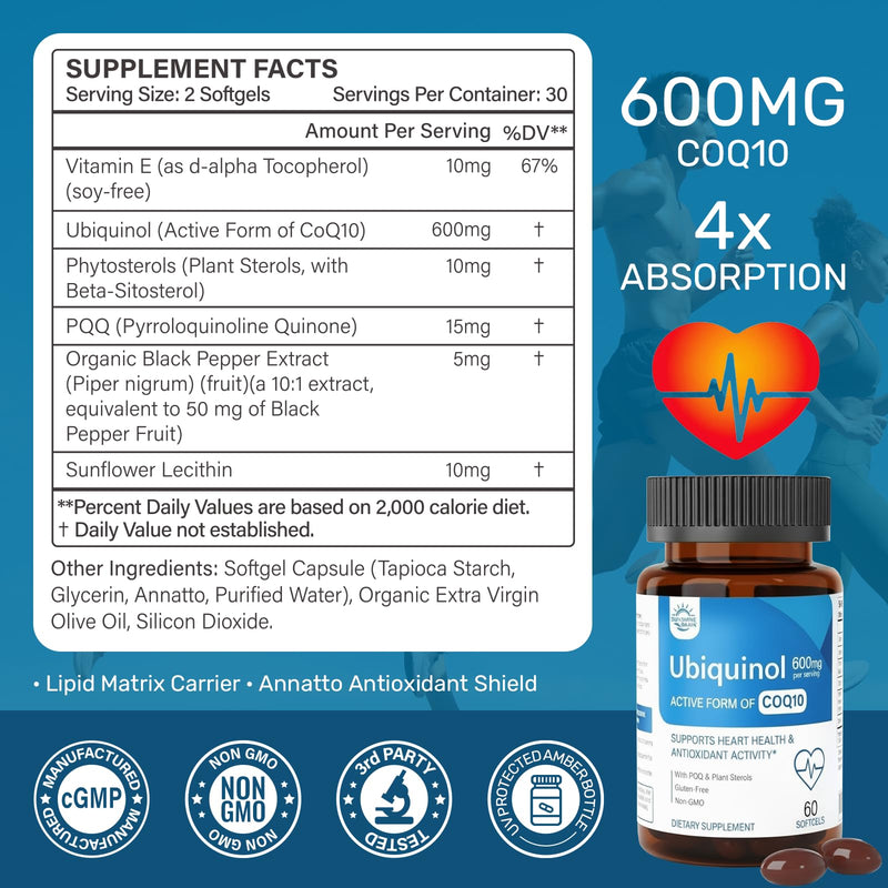 Sunshine & Rain Ubiquinol CoQ10 600 mg Supplement with PQQ for Heart Health & Cellular Energy
