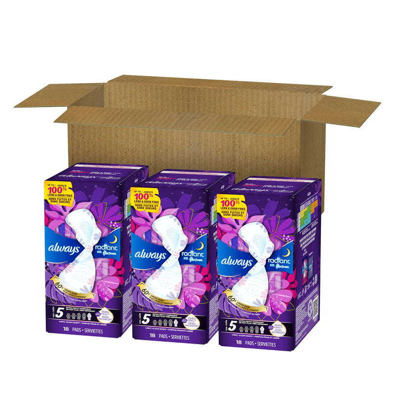 [Australia] - Always Radiant Feminine Pads for Women, Flexfoam Pads with Wings, Size 5, Extra Heavy Overnight Absorbency, Lightly Scented, 54 Count (3 Packs of 18) Extra Heavy Overnight (Size 5) 
